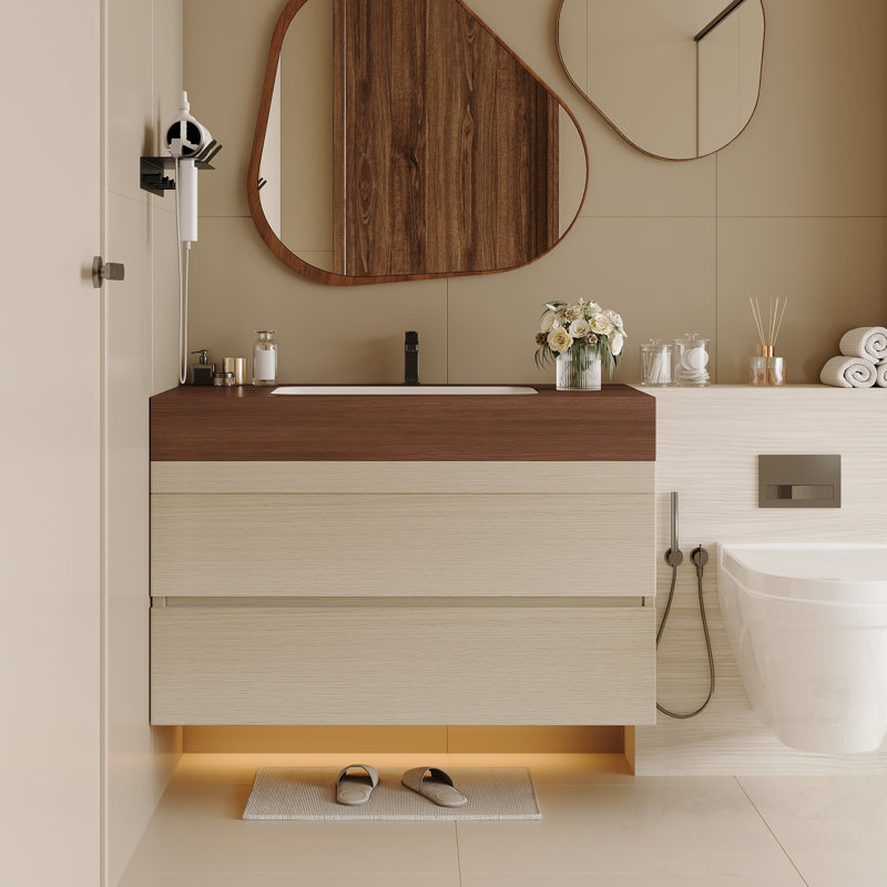 Meuble-lavabo flottant moderne avec plateau en faux marbre et lavabo encastré en céramique, fixation murale pour petites salles de bain et appartements