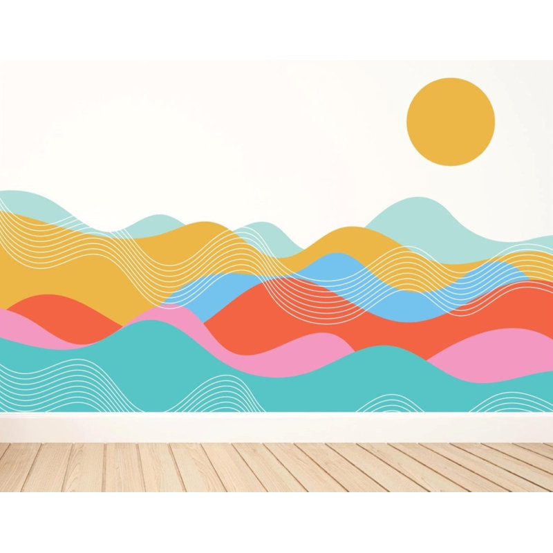 Adhésif décoratif vague, adhésif rétro rayé, pelez et collez, murale, montagnes avec soleil, art mural chambre d'enfant, décalque de rayures