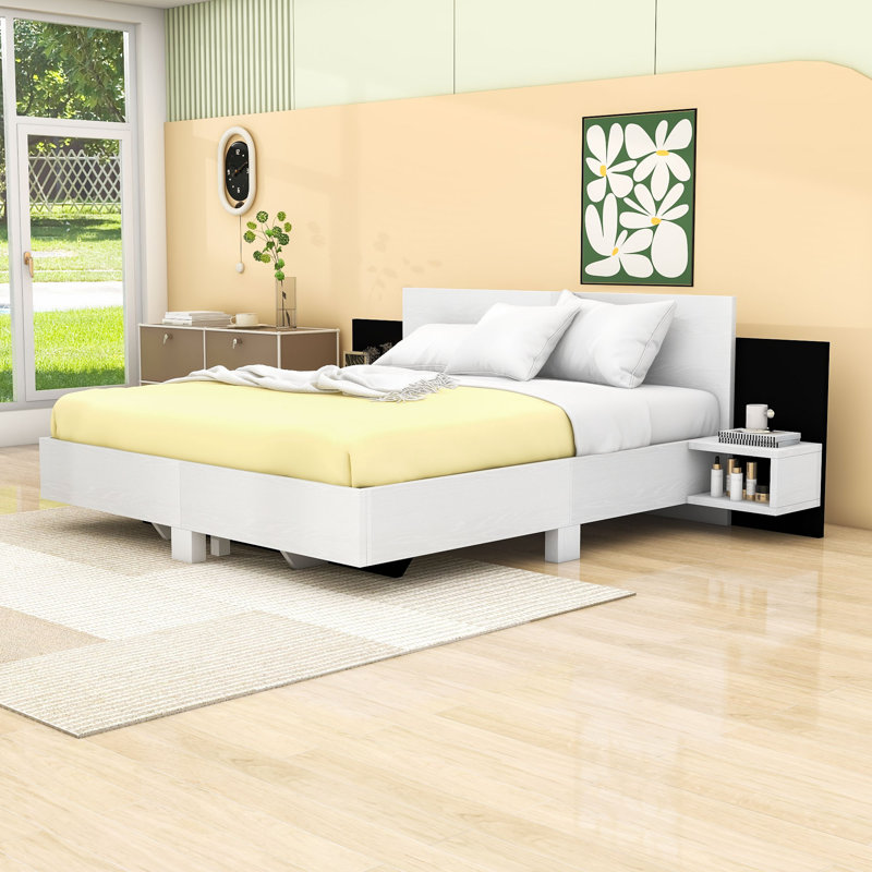 Floating Platform Bed with Nightstand, Lights and Slats, King, White