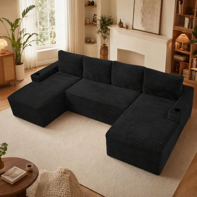 Boneless 133.4" U-Shape Cloud Couch, Modern Modular Sectional U-Shape Sofa, Corduroy Upholstered Couches Deep Seat Sleeper Chaise Longue for Living Room, No Assembly Required