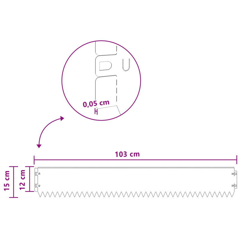 103 cm W Steel Lawn Edging Fencing, Silver, 15cm H x 103cm W