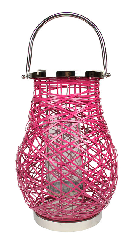Lanterne-pilier moderne en fer tressé avec ouragan en verre, H 13,5 po x l 8,5 po x P 8,5 po, Rose fuchsia