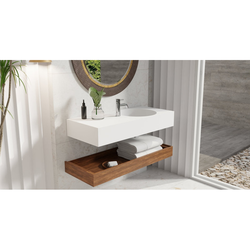 Lavabo de salle de bain mural rectangulaire en résine avec trop-plein 39,4 po x 17,7 po Badeloft WT-02-B-M, Blanc mat