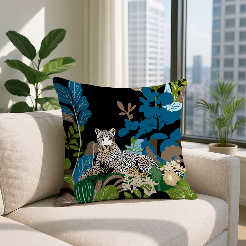 Oreiller carré réversible intérieur / extérieur Tai Leopard, Carré 16 po, Turquoise