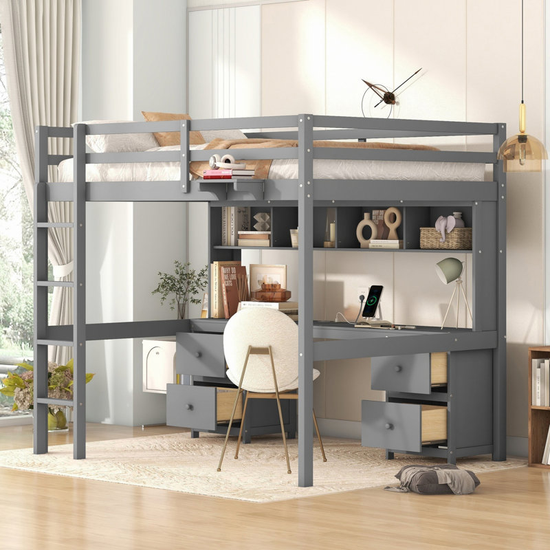 Lit mezzanine avec bureau, tiroirs et station de charge, Gris