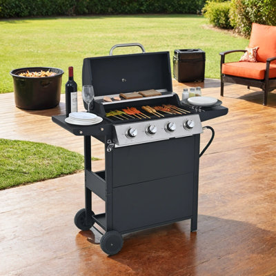 Barbecue au propane en acier inoxydable, 4 brûleurs, barbecue de 34 000 BTU avec tablettes, roues, couvercle et ouvre-porte
