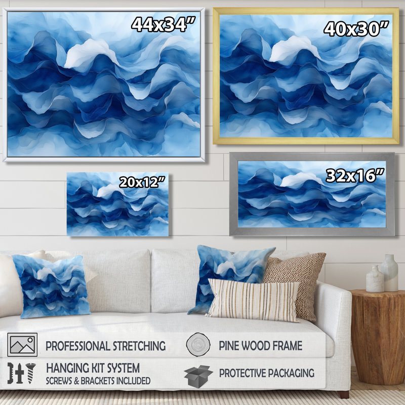 Bleu blanc, veines élégantes de pétales de fleurs - fleurs abstraites, art mural, Cadre flottant, H 16 po x l 32 po, Blanc