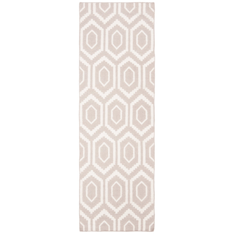 Fung Hand Woven Flat Weave Wool/Cotton Geometric Rug in Gray/Ivory, Runner 2'6" x 10'