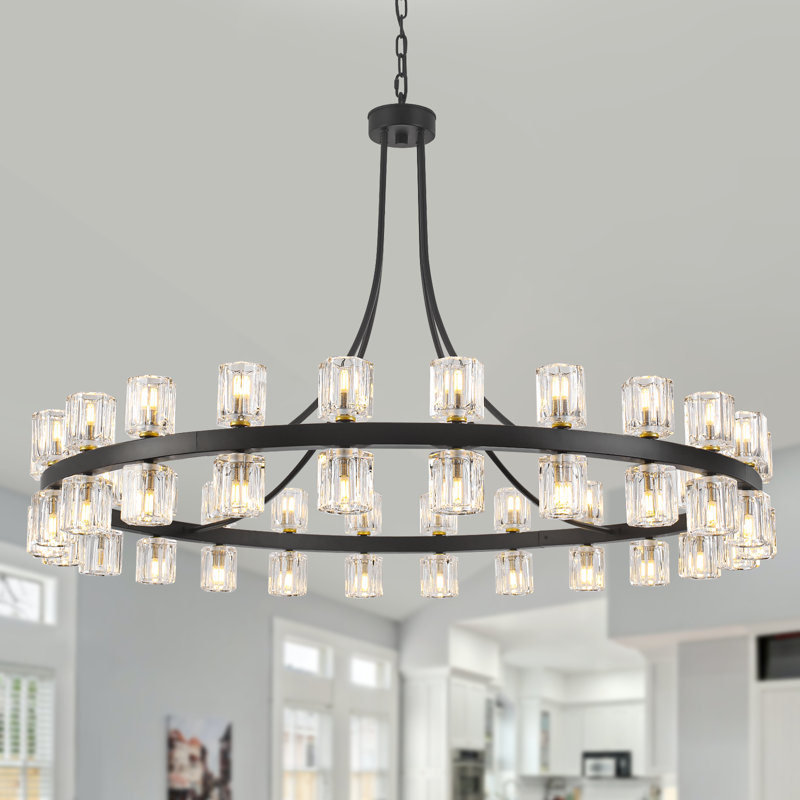Large 48" 48 - Light Dimmable Wagon Wheel Chandelier Round Crystal Cup Style Pendant Fixture for Living Room High Ceilings Foyer Staircase
