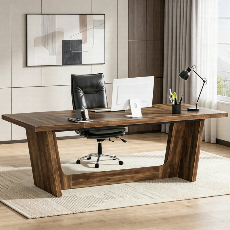 70.8-Inch Executive Desk, Wood Study Computer Desk Writing Table, Large Industrial Office Table, Brown