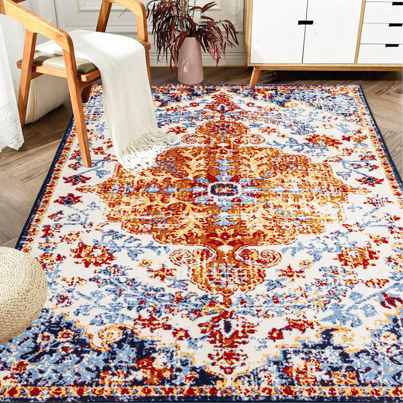 Area Rug Vintage Bohemia Large Persian Non-Slip Washable Rug For Living Room Kitchen Bedroom Living Room Flower Design