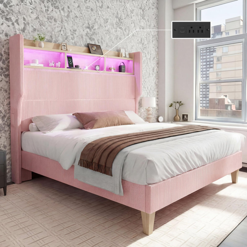 Structure de lit double avec tête de lit à oreilles en velours côtelé de 51 po de hauteur et tablette de rangement, lit plateforme tapissier avec lumières DEL et station de charge, aucun sommier nécessaire, assemblage facile, rose