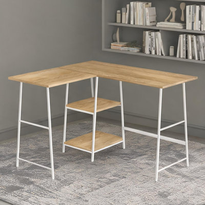 L‑Shape Computer Desk with Shelves, Light Natural Laminate Top, White Steel Frame, 47.25″ W, Corner Workstation