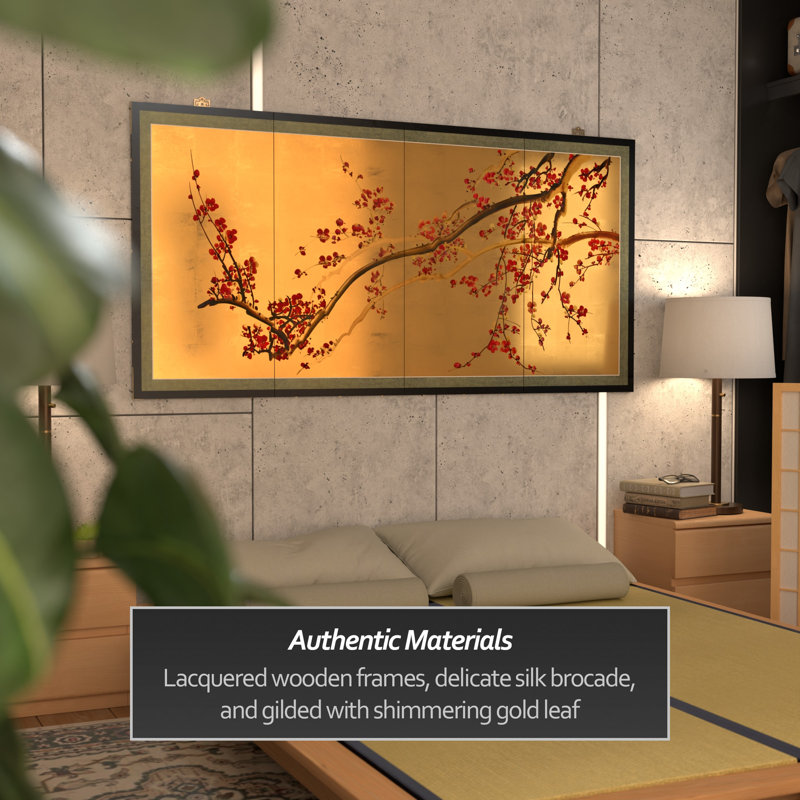 24" Plum Tree on Gold Leaf 4 Panel Room Divider, 36" H x 72" W x 1" D