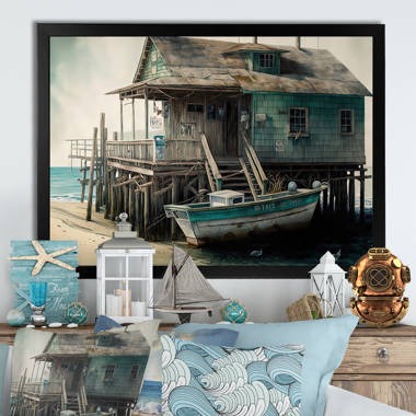 Rustic Port with A Fishing Boat I - Painting On Canvas Breakwater Bay Format: Black Picture Framed Canvas, Size: 16 H x 32 W x 1 D