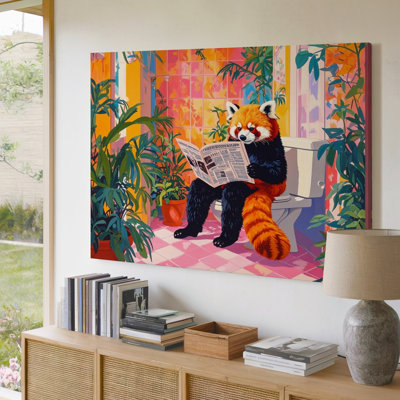 Canvas Wall Art A Vibrant And Playful Scene Of A Red Panda Sitting On A Toilet In A Colorful Bathroom Premium Quality Ready To Hang