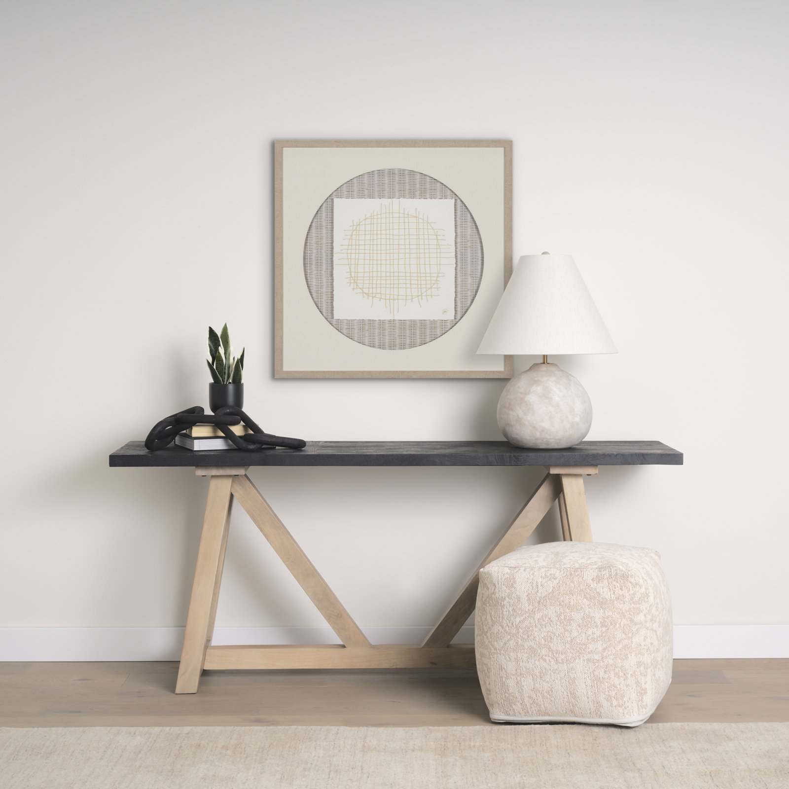 Kason Upholstered Pouf, Cream Cotton Blend