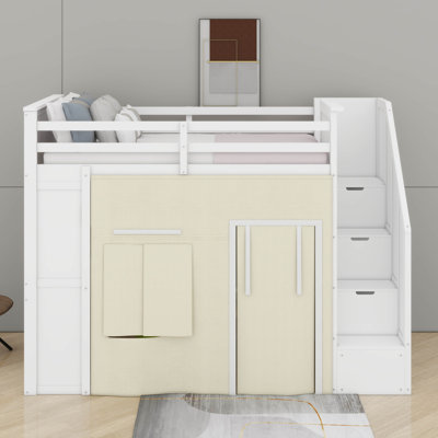 Lit mezzanine avec bureau, casiers, escalier de rangement, 2 tiroirs intégrés et rideau occultant, lit mezzanine en bois avec garde-corps