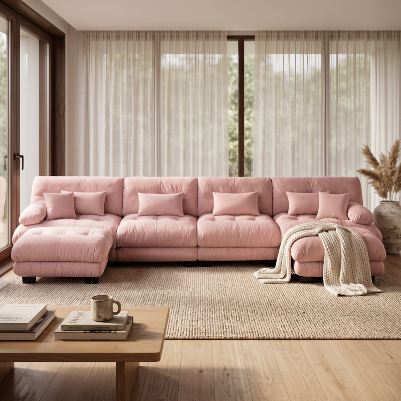 Canapé d'angle modulaire surdimensionné 4 places en chenille avec 2 poufs, canapé infonuagique à assise profonde, Rose