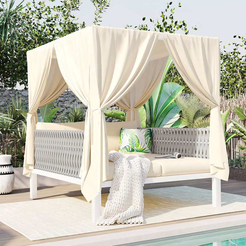Lit de bronzage d'extérieur avec rideaux, Fort High Com, adapté à de multiples cas de figure, Beige