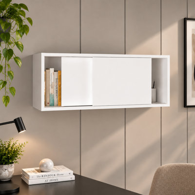 13"H Modern White Wall Storage Cabinet, Sliding Doors