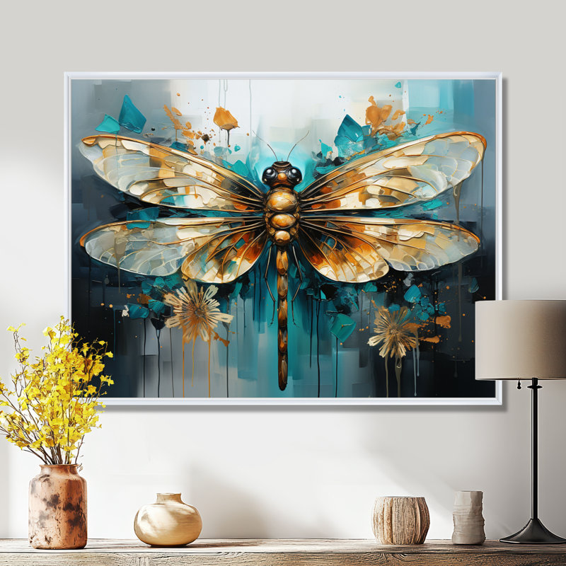 Bleu sarcelle, turquoise, libellule, gouttes I - Libellule, art mural, H 12 po x l 20 po x P 1 po, Cadre flottant blanc