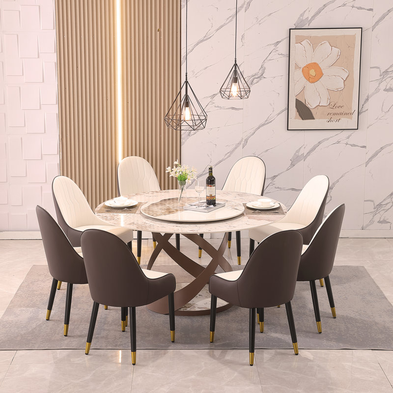 Table de salle à manger moderne en pierre frittée de 59,05 po avec plateau tournant rond de 31,5 po et piédestal en métal exquis avec 8 chaises.