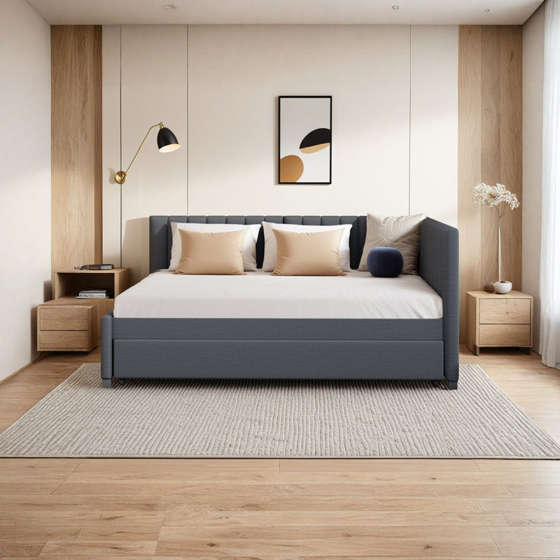 Full Size Linen Upholstered Daybed Sofa Bed With Trundle ,Wood Slats,No Box Spring Needed, Gray