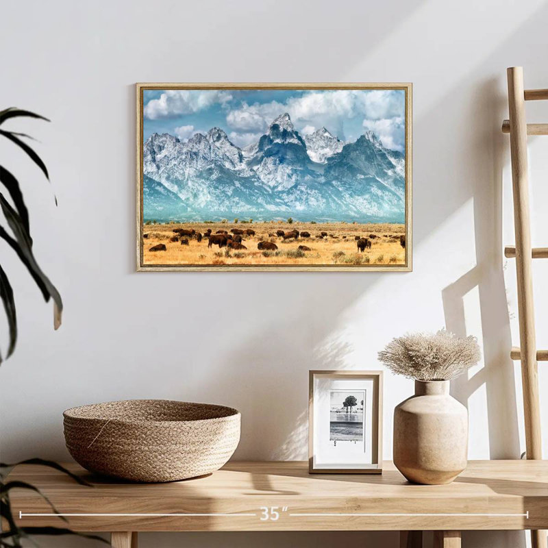 Troupeau de bisons à Grand Teton, Cadre flottant en bois naturel, 19 po x 13 po