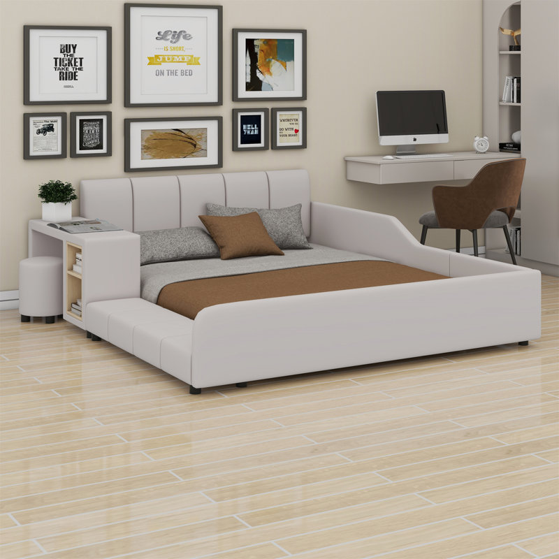 Upholstered Grounded Bed, Child Bed With Bedside Desk And Little Round Stool, Queen, Beige
