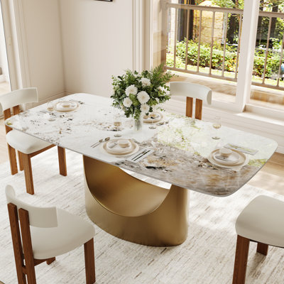 63-95" Extendable Modern White Dining Table for 4-10, Glossy Faux Marble Table with Bronze Moon Steel Leg