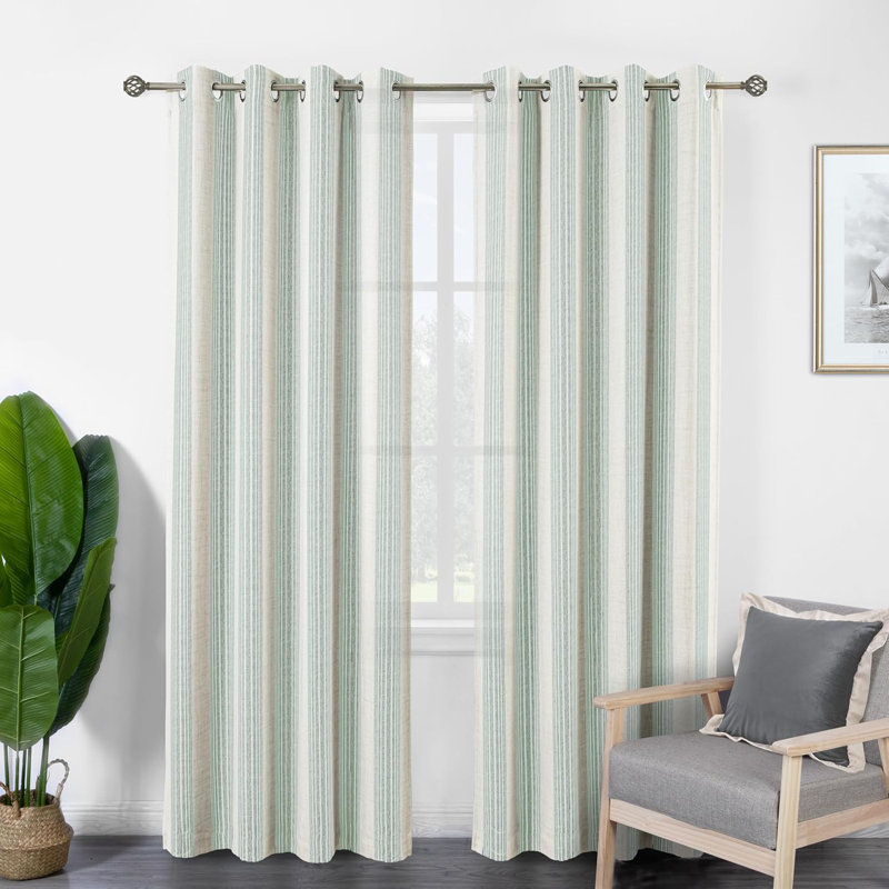 Rideaux semi-transparents en lin avec motif à rayures Chris, L 52 po x L 84 po, Vert