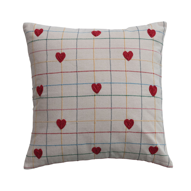Woven Cotton Pillow With Grid Pattern And Embroidered Hearts