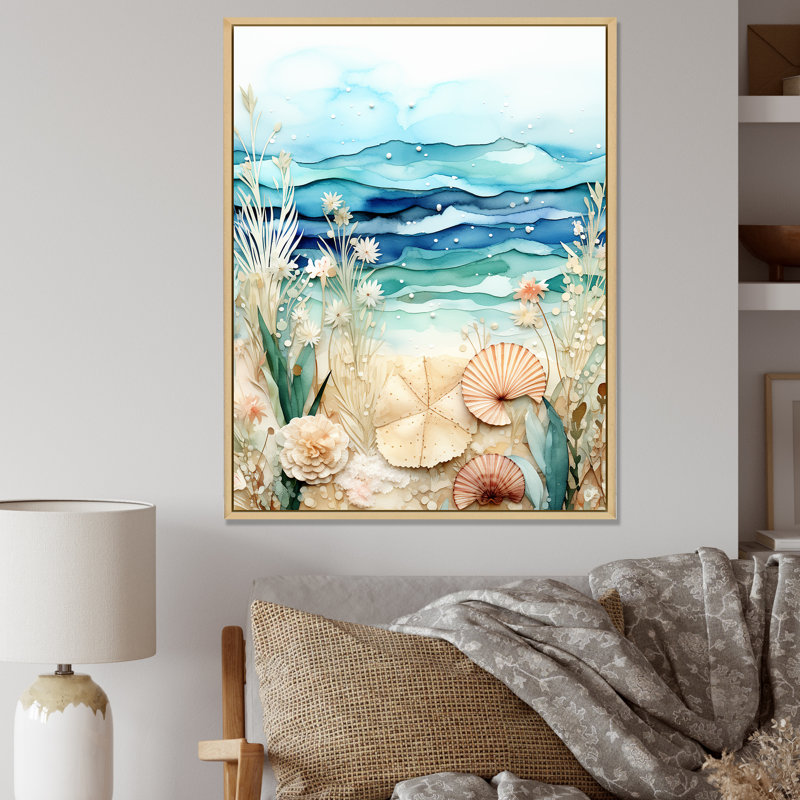 Coastal Tiles Collages - Botanicals, art mural, H 44 po x l 34 po x P 1,5 po, Cadre flottant brun