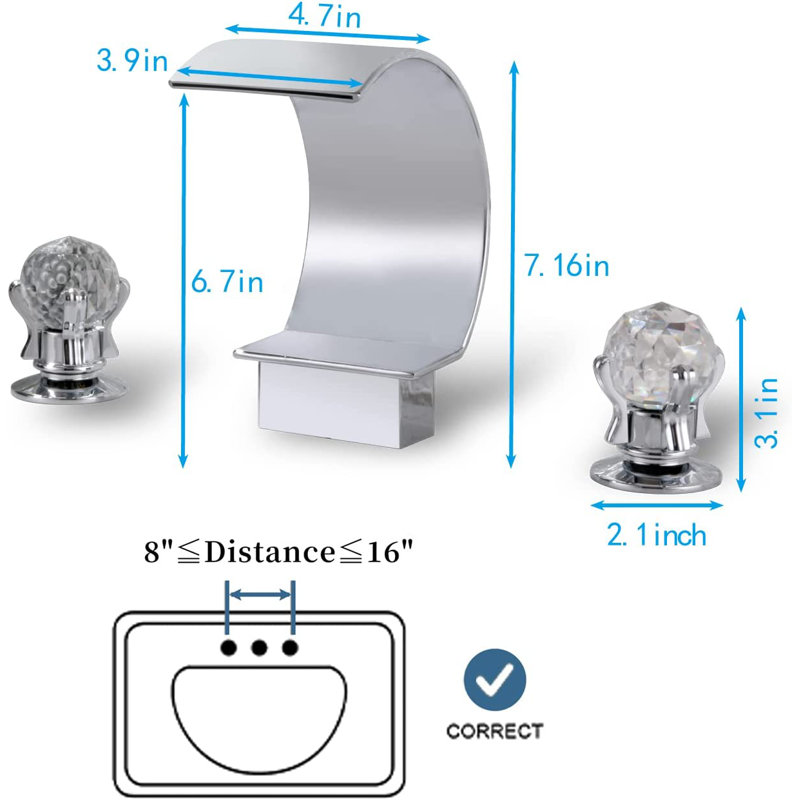 Robinet de salle de bain chromé à grande arche et cascade, ensemble de 3 pièces avec poignées en cristal de style européen Mosson