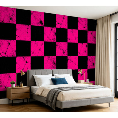Wall Mural Peel and Stick Wallpaper Pink Black Grunge Checkerboard Distressed Retro Aesthetic Self-Adhesive Removable Contact Paper Wall Decor for Living Room Bedroom 100"H x 144"W