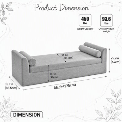 Banc de 88,58 po de largeur, banc de bout avec accoudoirs, méridienne en chenille avec 2 traversins, convient aux salons, aux entrées, aux dortoirs et aux chambres à coucher. Beige