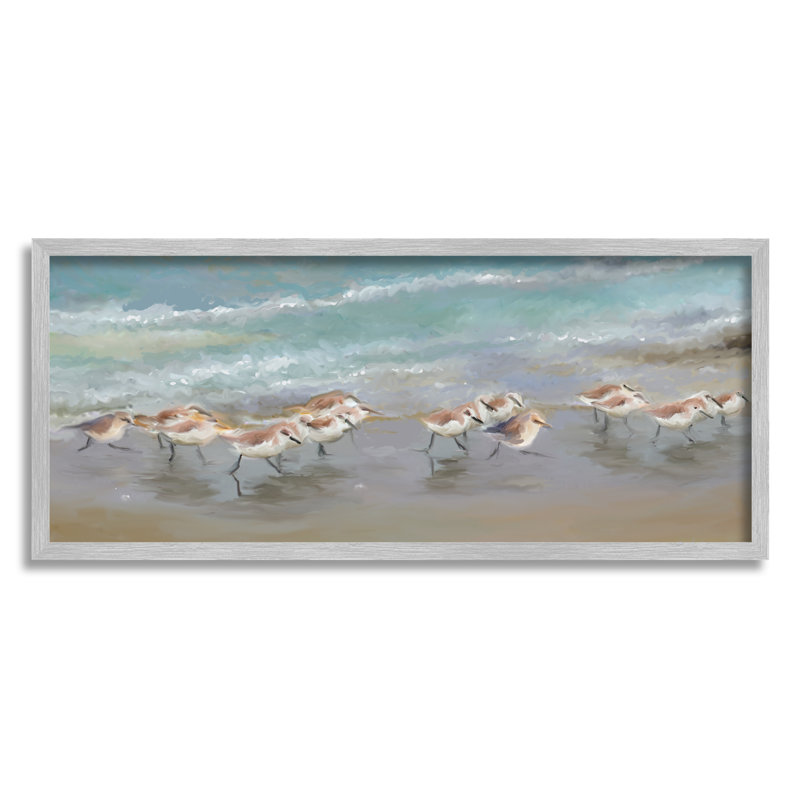 " Sandpiper Flock Shoreline Splashing " by Rick Novak Painting Print, 13" H x 30" W x 1.5" D, Gray