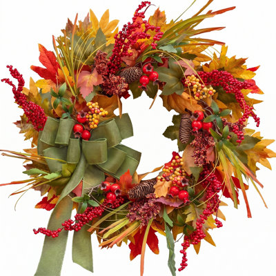 Couronne artificielle d'automne en soie de 45 cm (17,7 pouces) avec nœud vert | Couronne d'automne faite à la main avec feuilles d'érable, pommes de pin et baies rouges - Décoration murale intérieure/extérieure pour l'Action de grâce, l'Halloween ou style champêtre