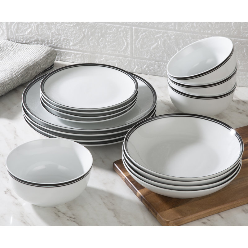 Boroff 16 Piece Porcelain China Dinnerware Set - Service for 4, White/Black