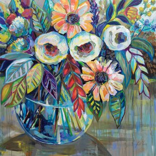 Blue Jay Bird On Bouquet Of Pink Flowers 8 in x 12 in Painting Canvas Art  Print, by Designart