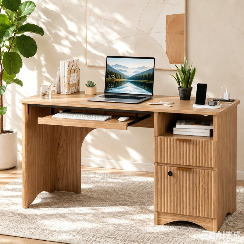 Neeru 55Inch Fluted Executive Desk with Fingerprint Lock, Modern Computer Writing Desks with Power Outlet, Home Office Desk with Keyboard Tray and Open Storage Compartment