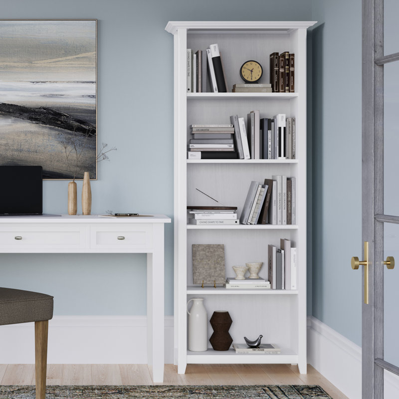Acadian 72"H Solid Wood Transitional 5-Shelf Tall Bookcase with Adjustable Shelves and Decorative Side Panels, White