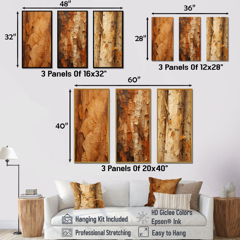 Brown Tree Bark Essence I - Ensemble de 3 décorations murales arbre, H 28 po x l 36 po, Cadre flottant blanc