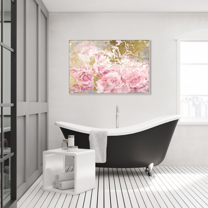 Floral et fleurs de camélias roses et dorées - impression, H 30 po x l 45 po, Cadre blanc