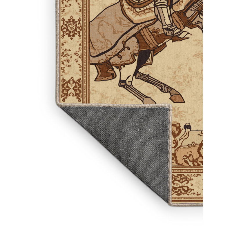 Tapis oriental doux et moelleux doux à motif de chevalier médiéval brun et beige Enger, 2 x 5