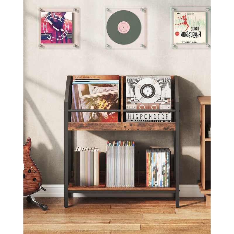 Support de rangement pour disque vinyle à 2 niveaux, étagère de présentation de 250 disques, support de rangement en bois avec séparateurs en fil de fer, brun rustique et noir