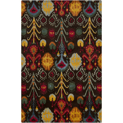 Tapis en laine et viscose à motif géométrique Donk Authentic touffeté à la main brun, gris, rouge, orange, jaune, vert et bleu sarcelle