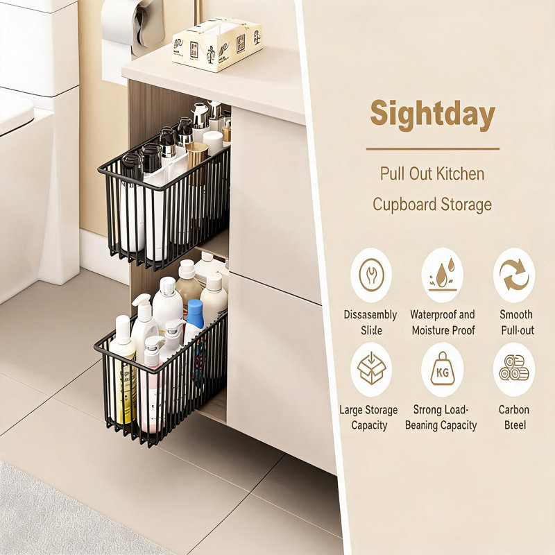 Pull Out Wire Baskets, Heavy Duty Carbon Steel Slide-Out Storage Drawers for Narrow 200mm Kitchen Cabinets – Undershelf Pantry Organizer, No-Drill Sliding Basket for Bathroom, Office, 2pcs