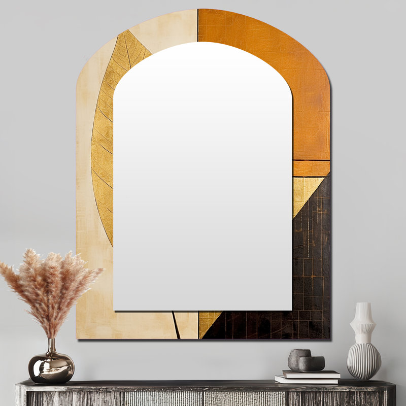 Golden Geometry Leaves Foliage III - Leaves Asymmetrical Mirror, Gold Arch Decorative Wall Mirror, Printed Metal Art